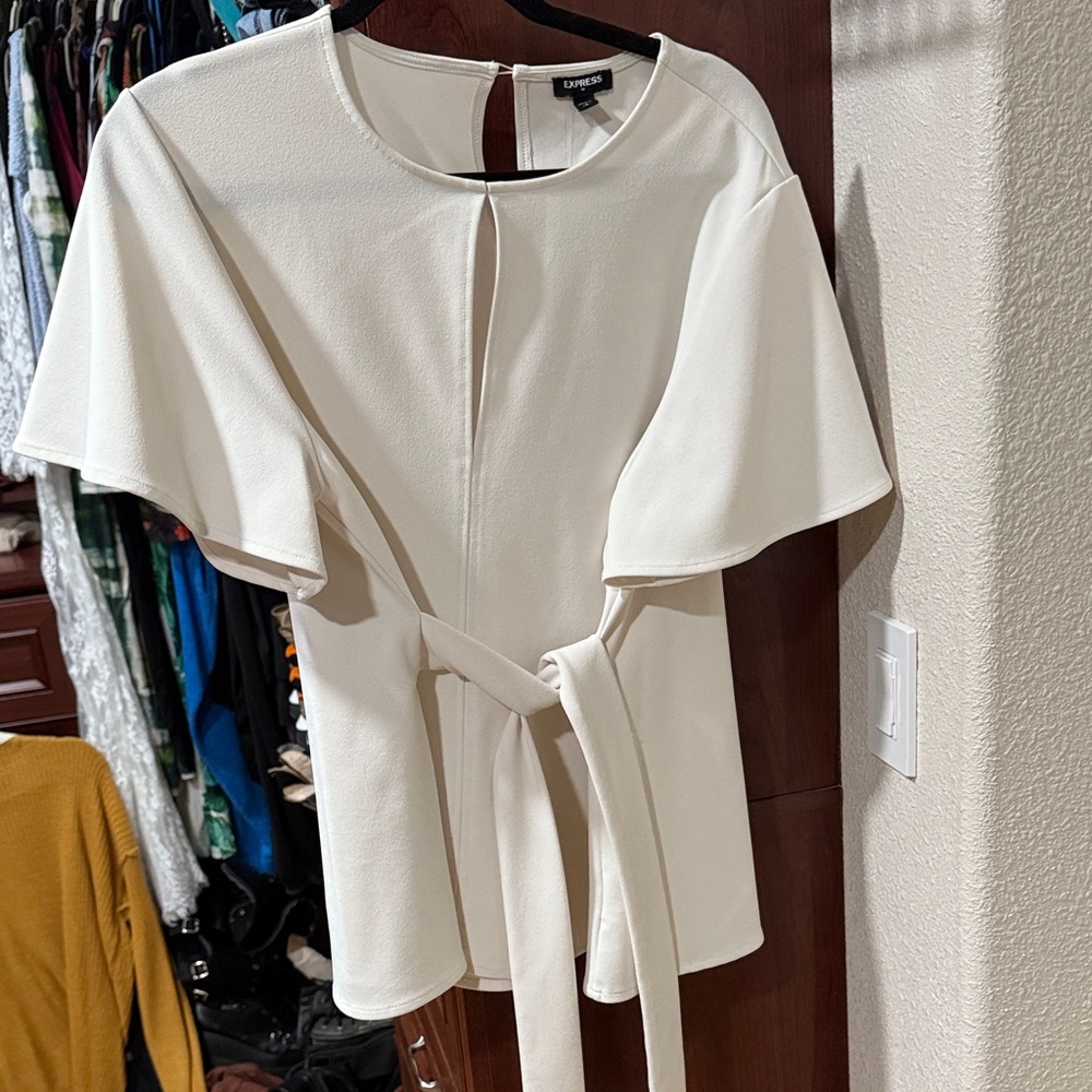 Express Women's Elegant Cream Blouse with Belted Waist